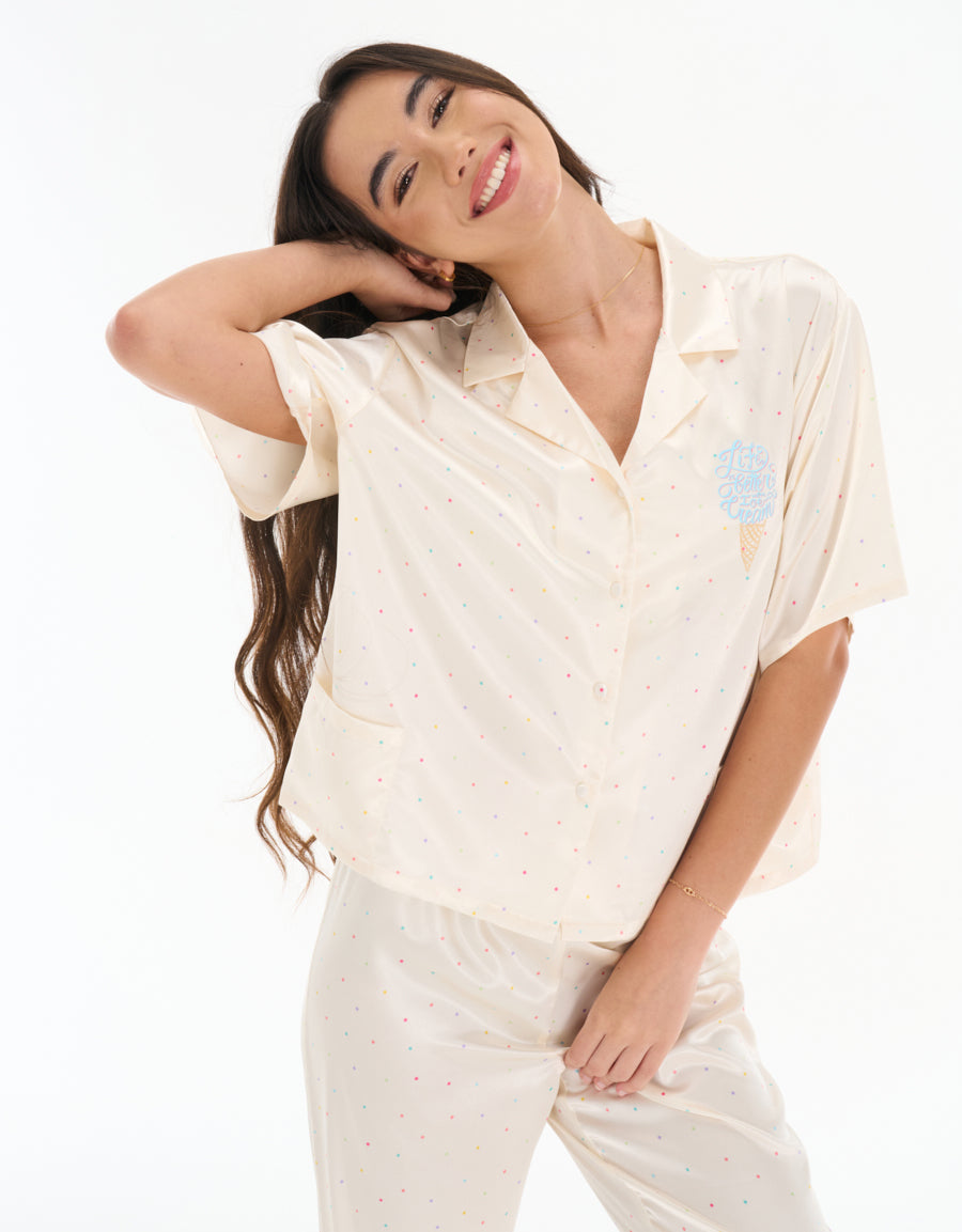 Satin Short-Sleeve Shirt with Pants Pajama Set in Ivory
