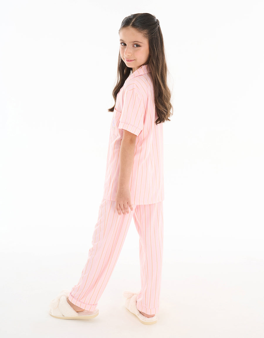 Short-Sleeve Shirt with Pants Pajama Set in Pink