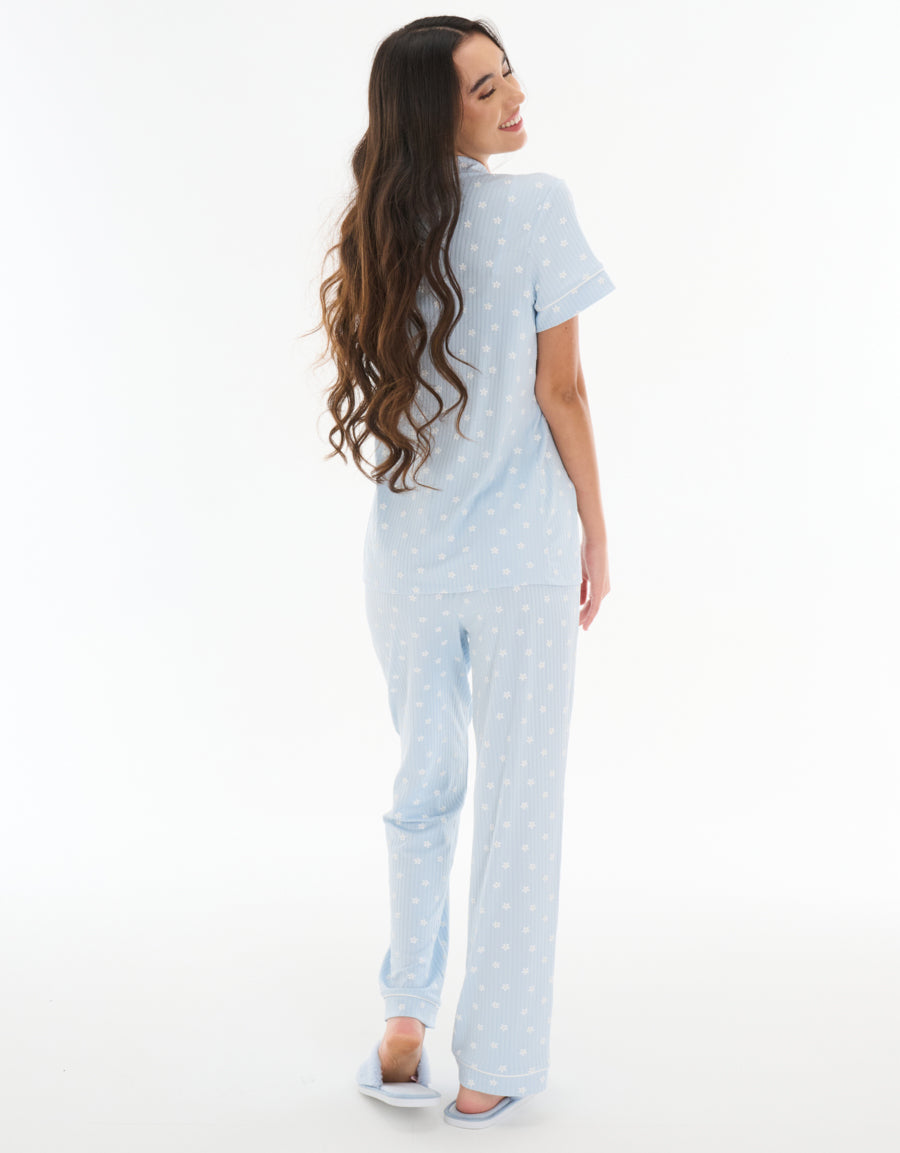 Short-Sleeve Shirt with Pants Pajama Set in Blue