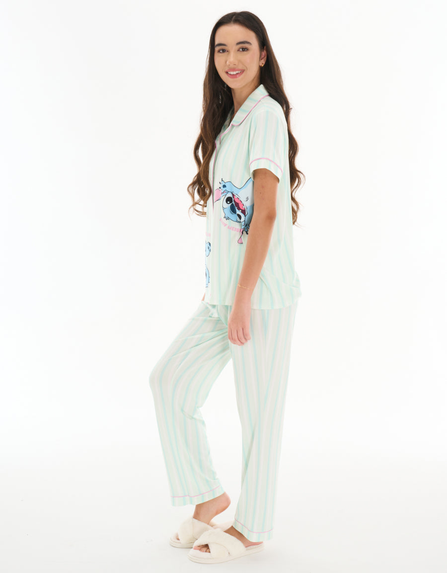 Short-Sleeve Shirt with Pants Pajama Set in Green
