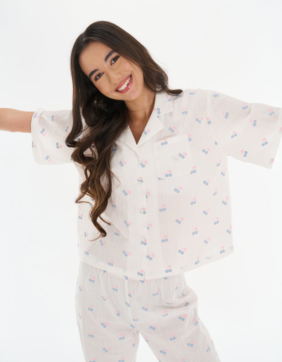 Cotton Midi-Sleeve Shirt with Pants Pajama Set in White