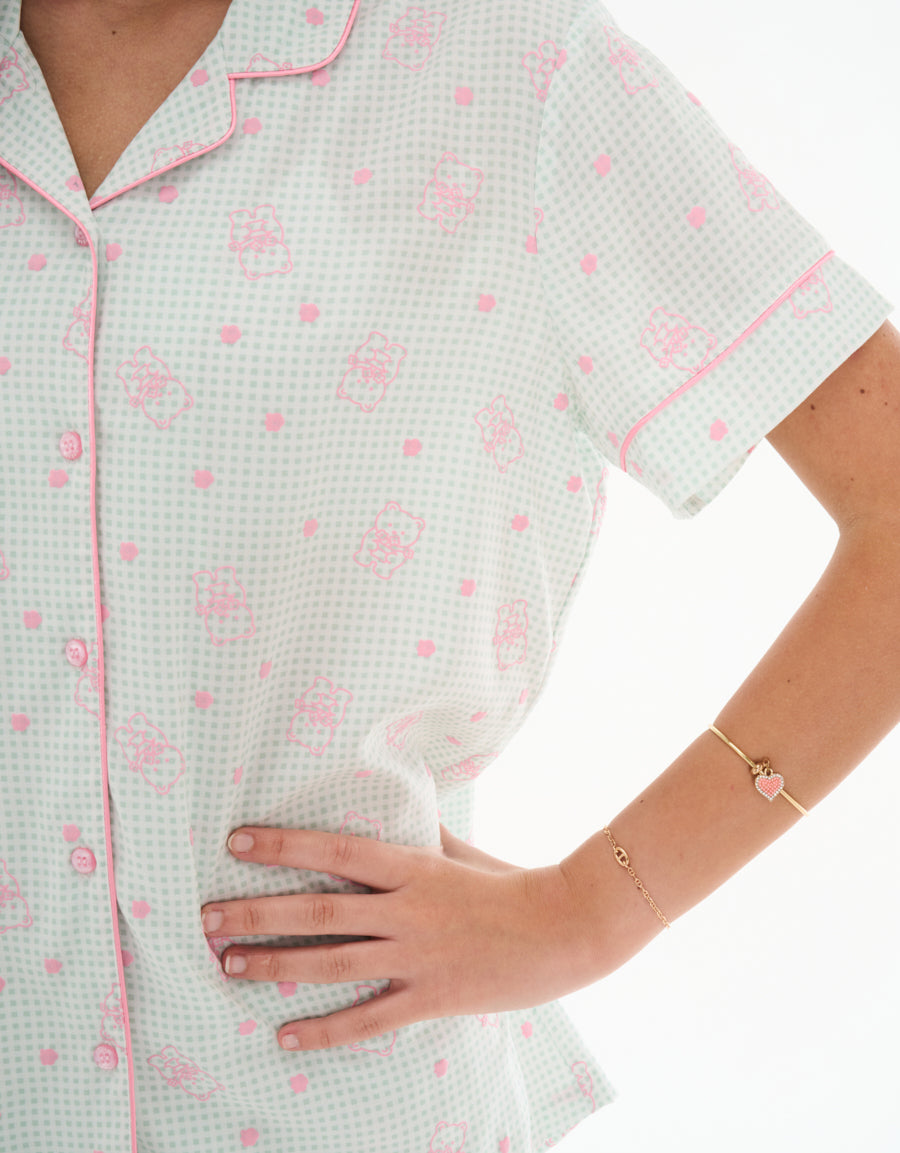 Short-Sleeve Shirt with Pants Pajama Set in Light Green