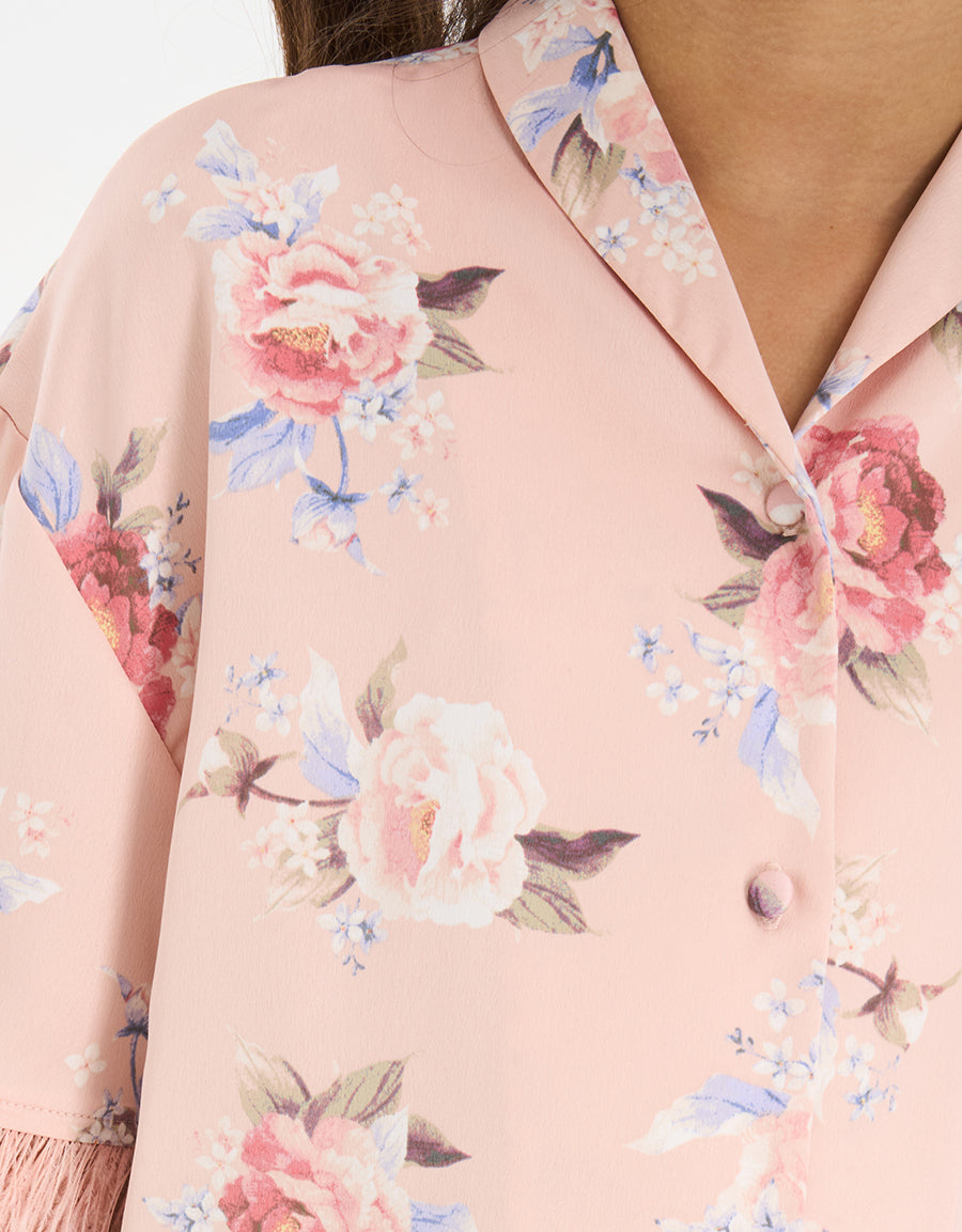 Feather Trim Short Sleeve Pajama Set