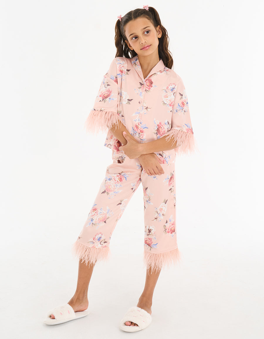 Feather Trim Short Sleeve Pajama Set