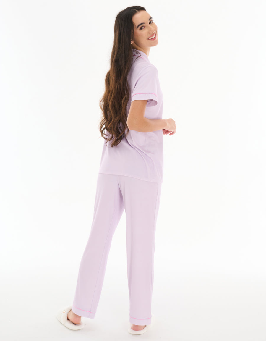 Short-Sleeve Shirt with Pants Pajama Set in Dark Purple