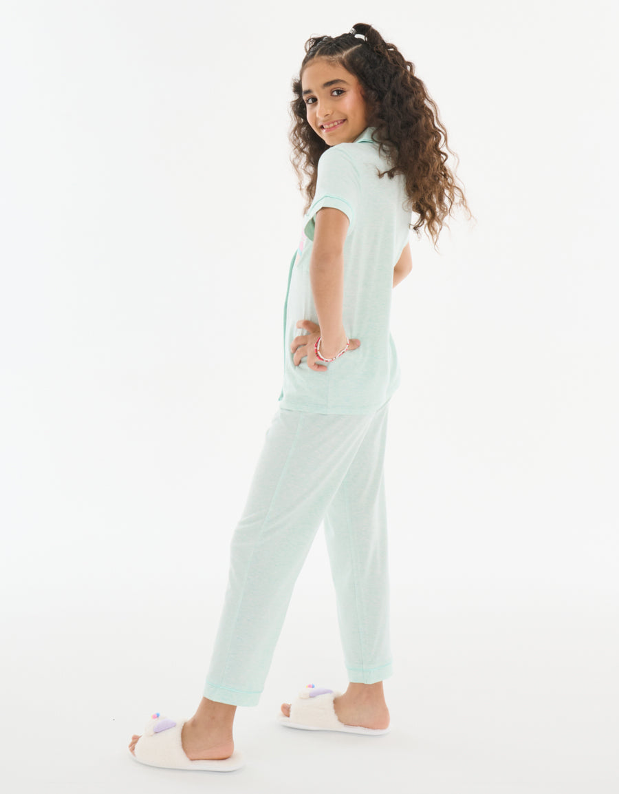 Short-Sleeve Shirt with Pants Pajama Set in Green