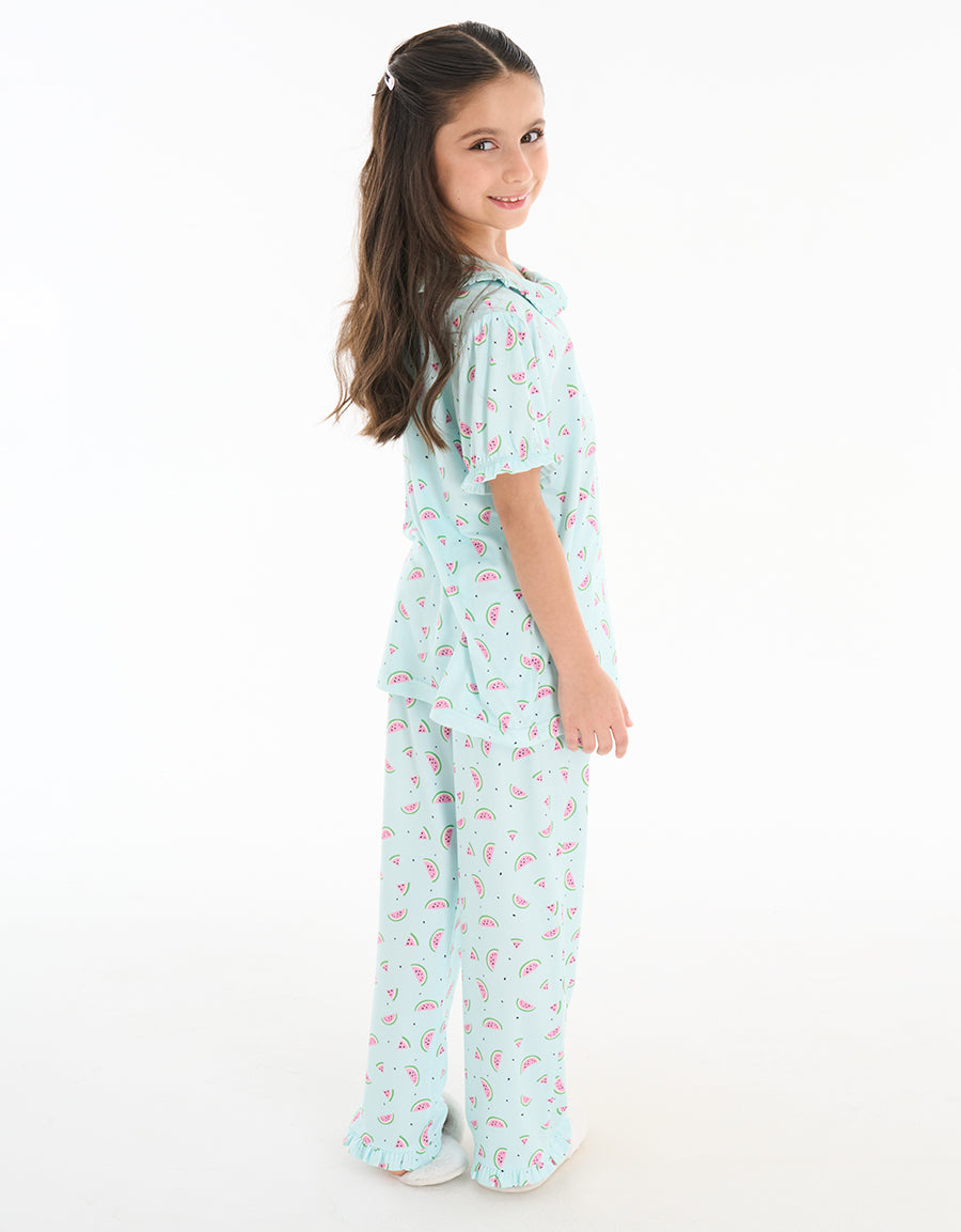 Short-Sleeve Shirt with Pants Pajama Set in Light Blue
