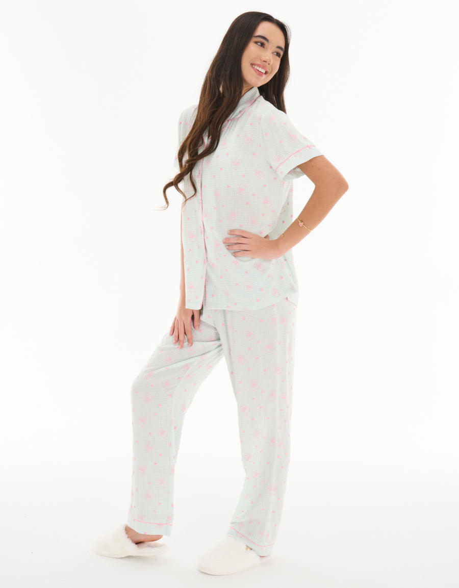 Short-Sleeve Shirt with Pants Pajama Set in Light Green