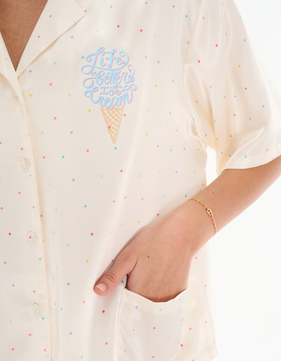 Satin Short-Sleeve Shirt with Pants Pajama Set in Ivory