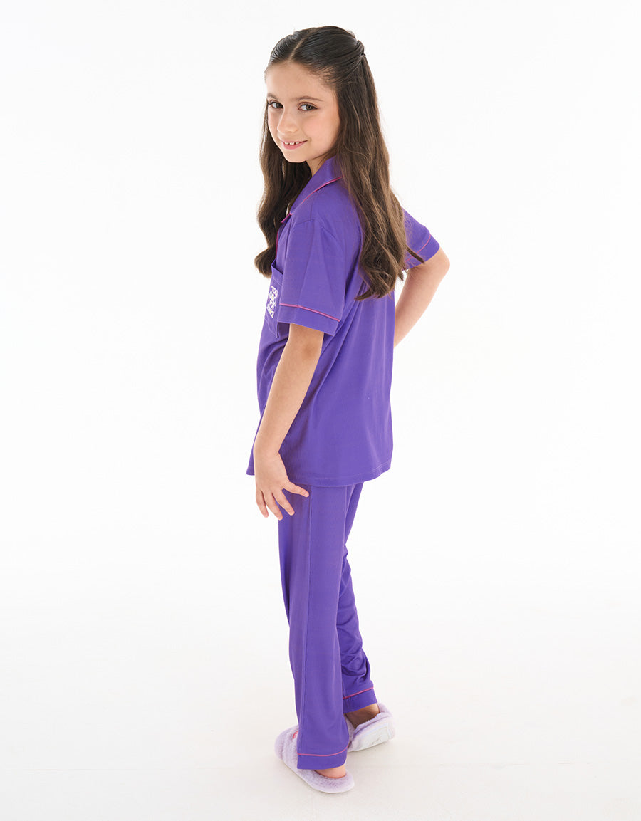Short-Sleeve Shirt with Pants Pajama Set in Purple