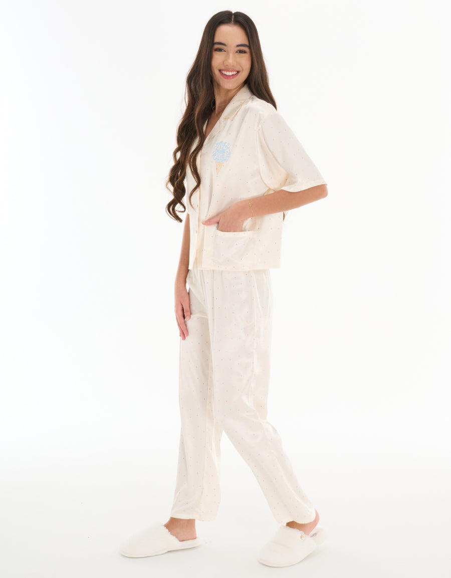Satin Short-Sleeve Shirt with Pants Pajama Set in Ivory