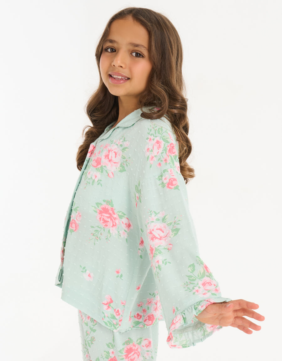 Long-Sleeve Shirt with Pants Pajama Set in Light Green