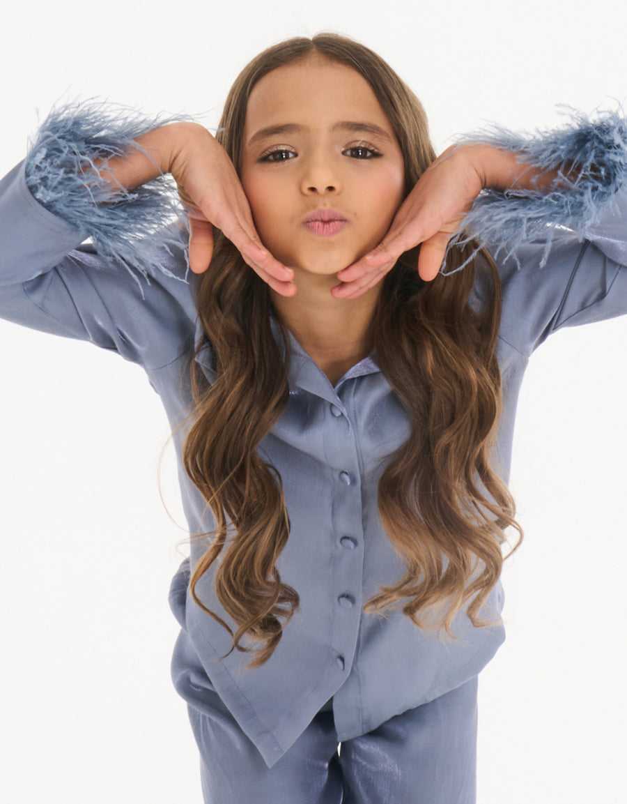 Feather Trim Long Sleeve Pajama Set