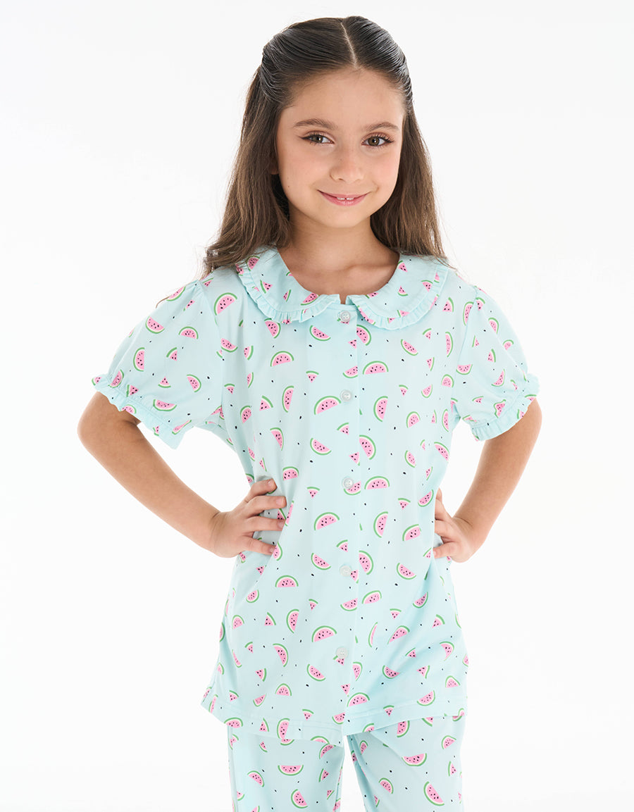 Short-Sleeve Shirt with Pants Pajama Set in Light Blue