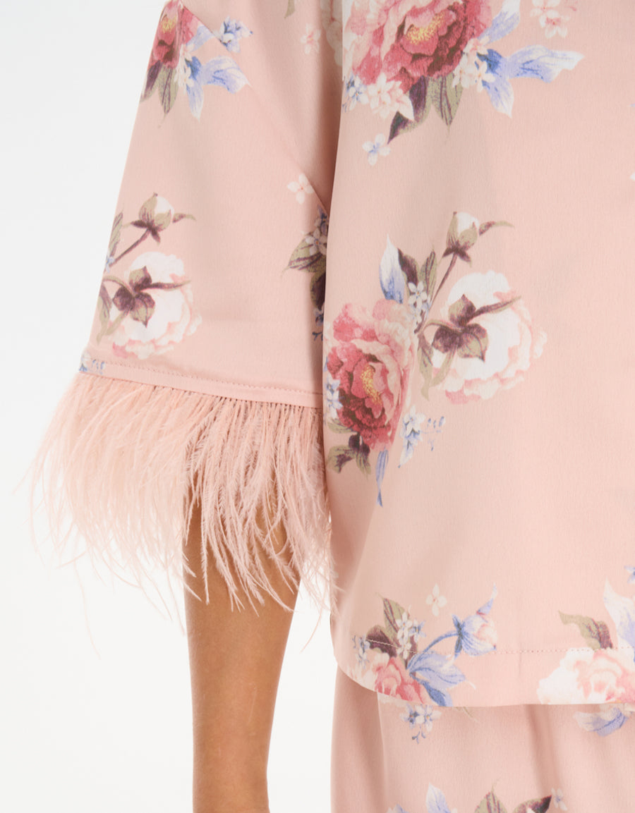 Feather Trim Short Sleeve Pajama Set