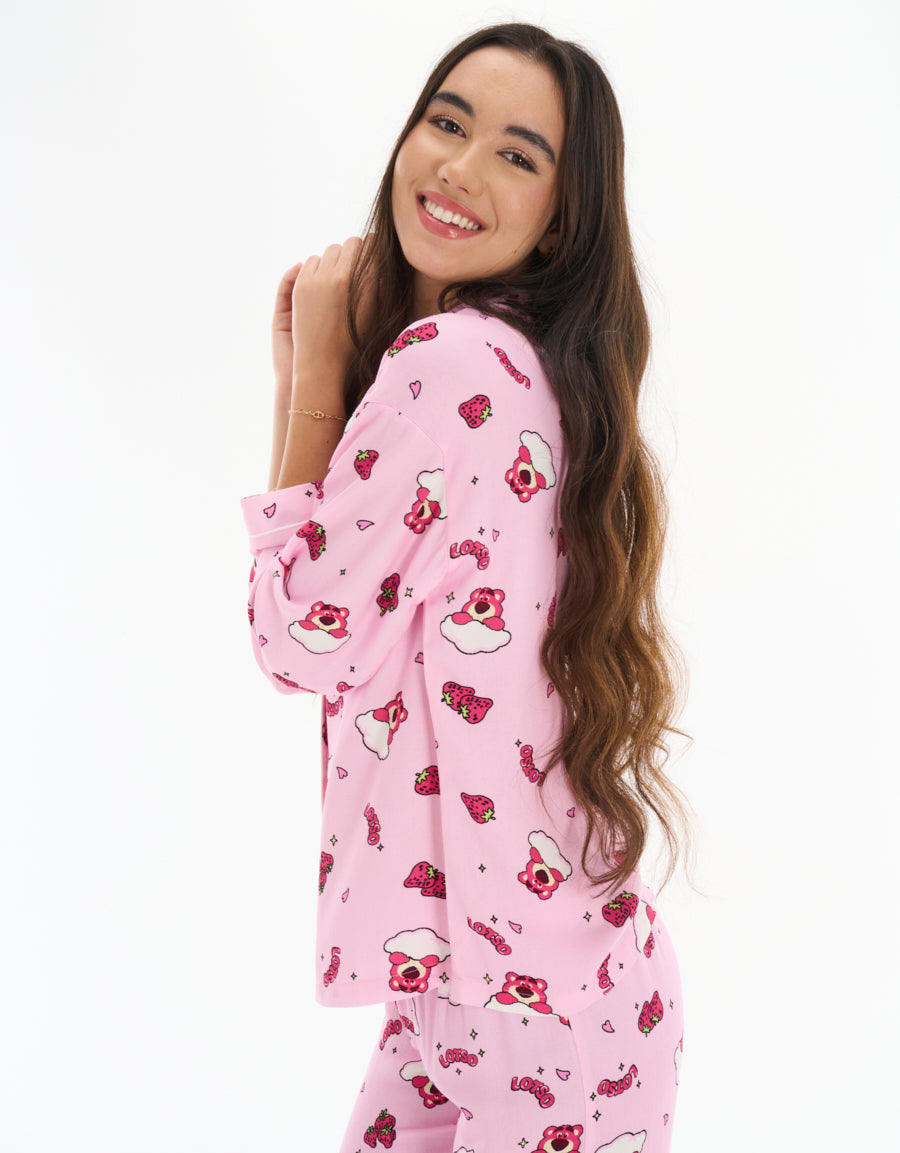 Long-Sleeve Shirt with Pants Pajama Set in Pink