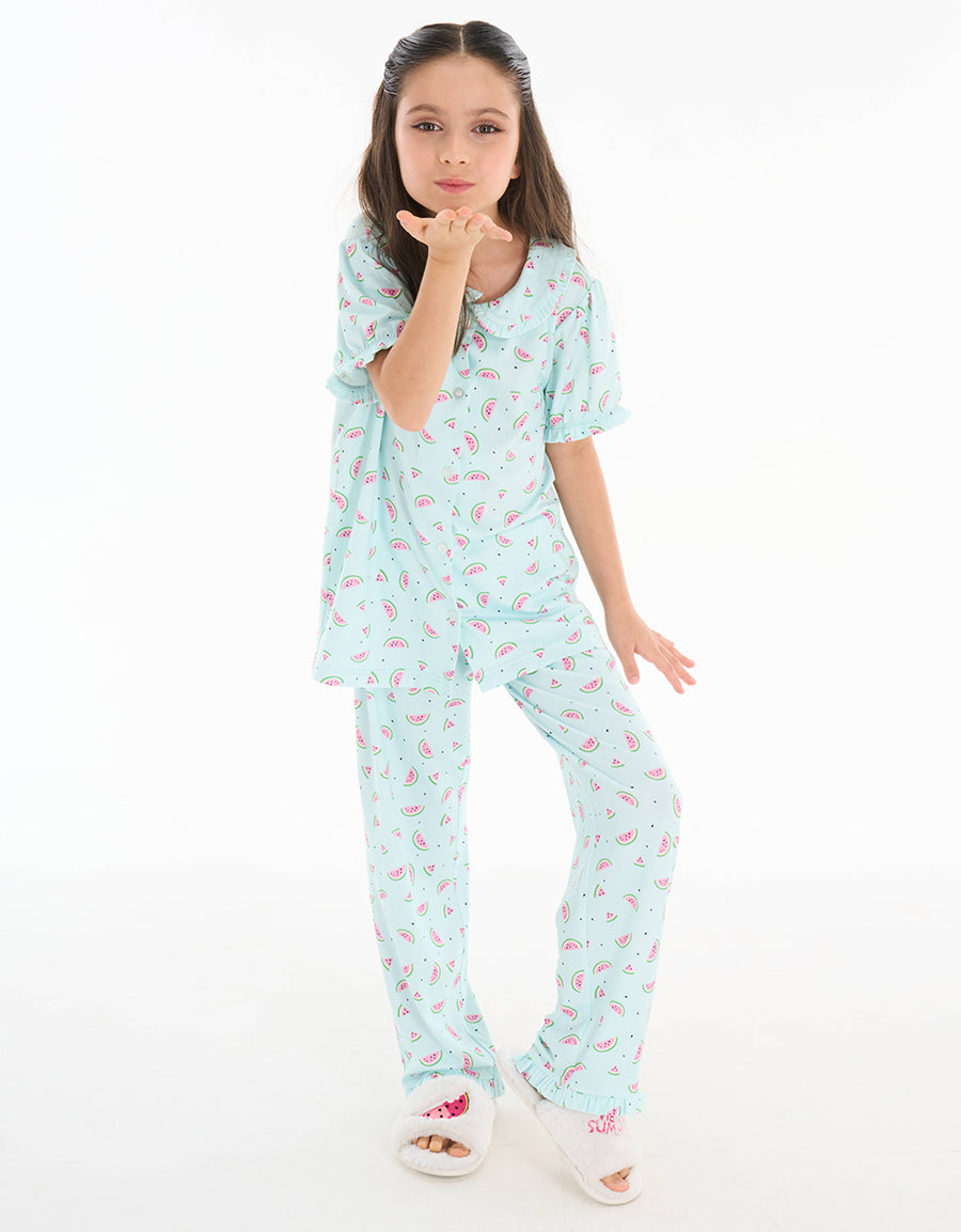 Short-Sleeve Shirt with Pants Pajama Set in Light Blue