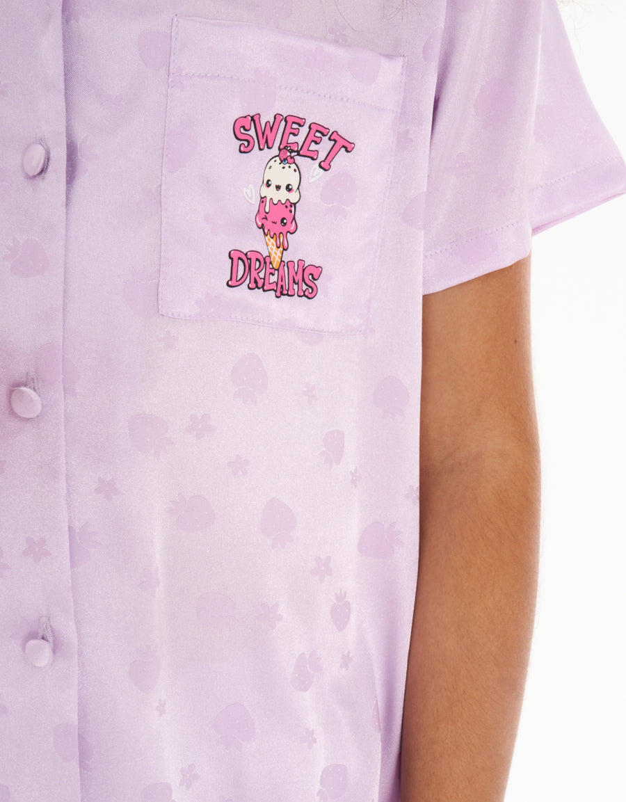 Satin Short-Sleeve Shirt with Pants Pajama Set in Dark Purple