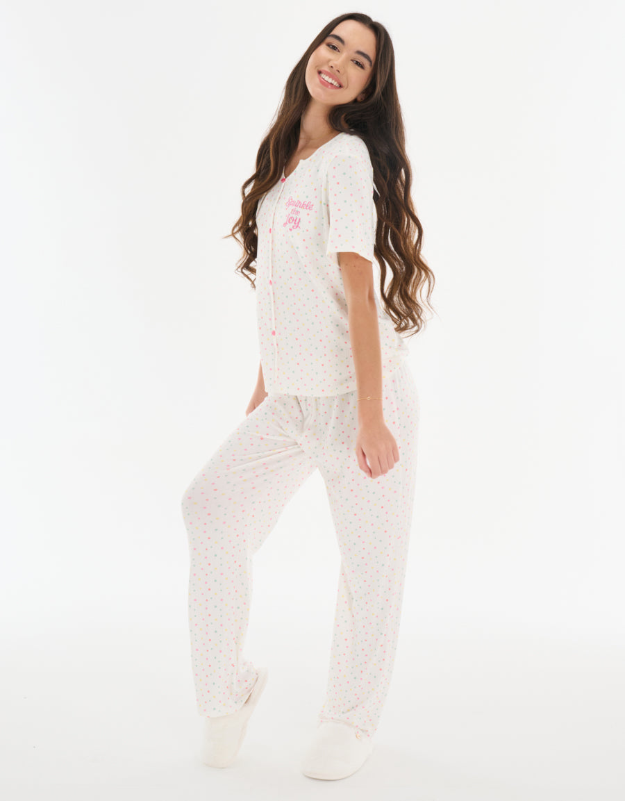 Cotton Short-Sleeve Shirt with Pants Pajama Set in White