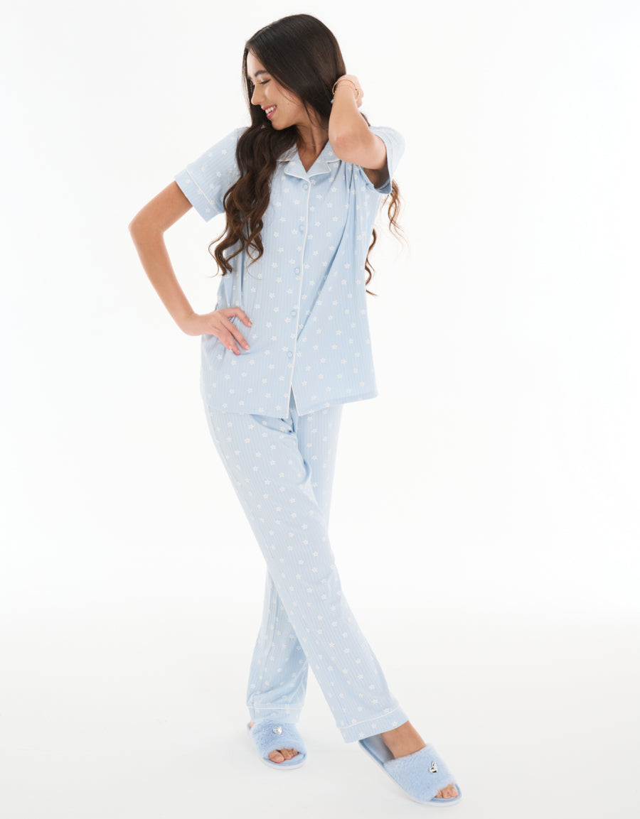Short-Sleeve Shirt with Pants Pajama Set in Blue