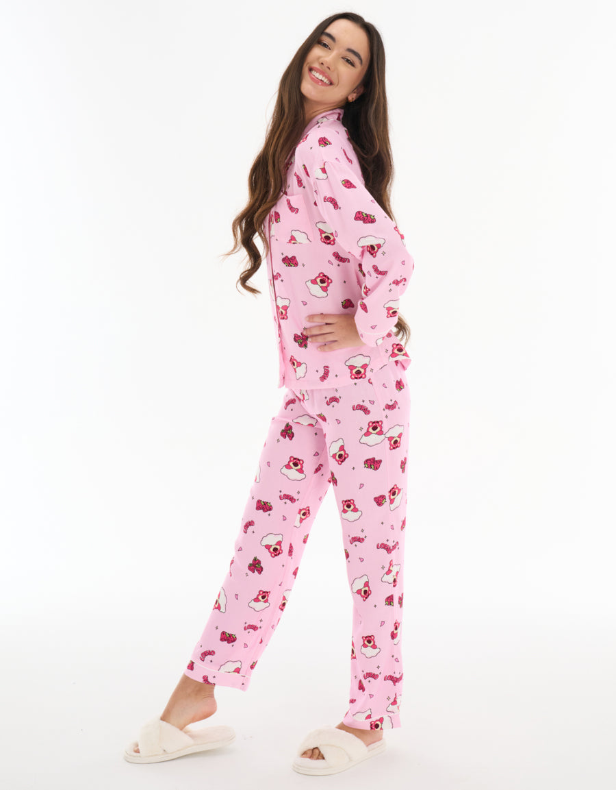 Long-Sleeve Shirt with Pants Pajama Set in Pink