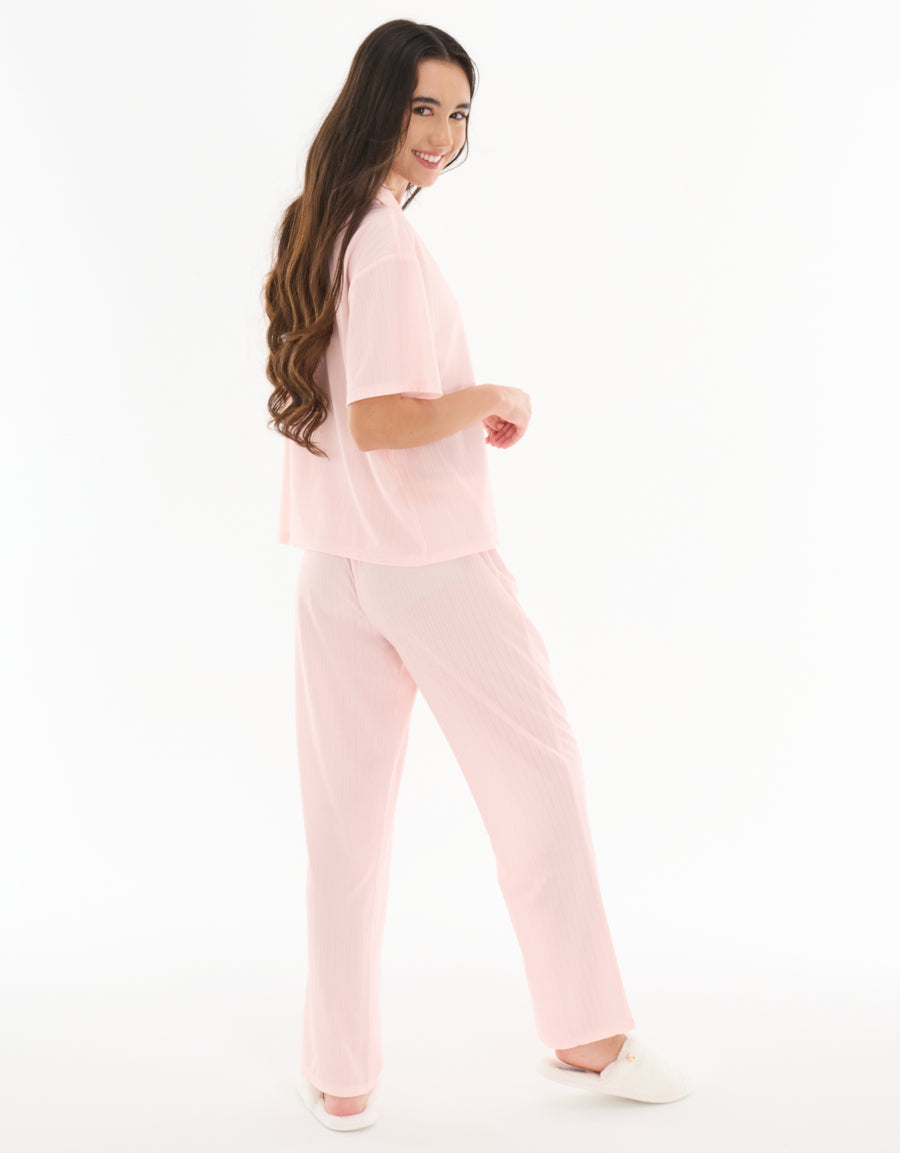 Short-Sleeve Shirt with Pants Pajama Set in Light Pink