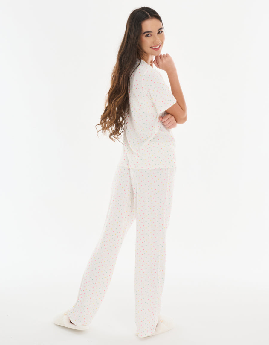 Cotton Short-Sleeve Shirt with Pants Pajama Set in White