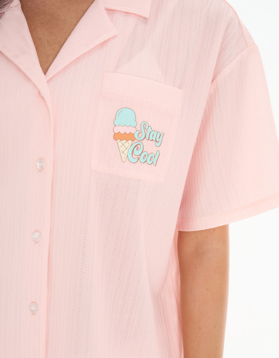 Short-Sleeve Shirt with Pants Pajama Set in Light Pink