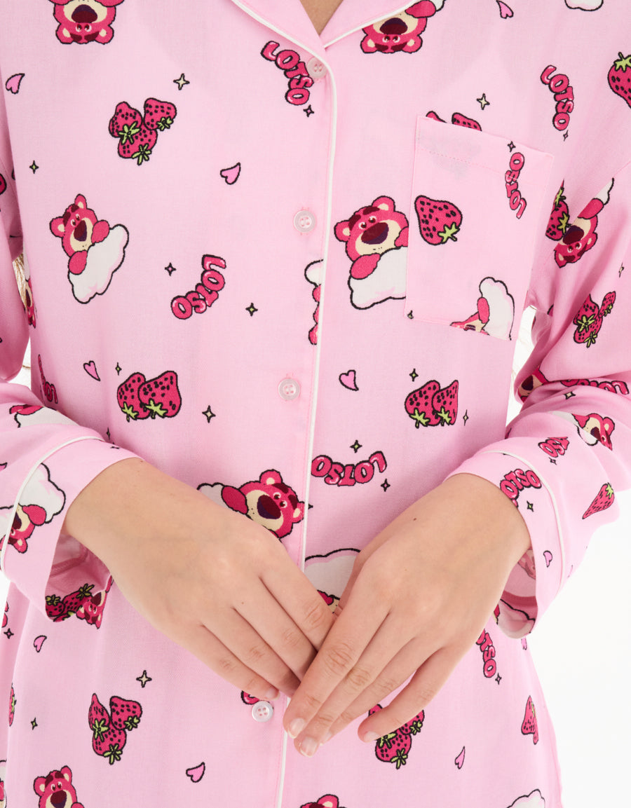 Long-Sleeve Shirt with Pants Pajama Set in Pink