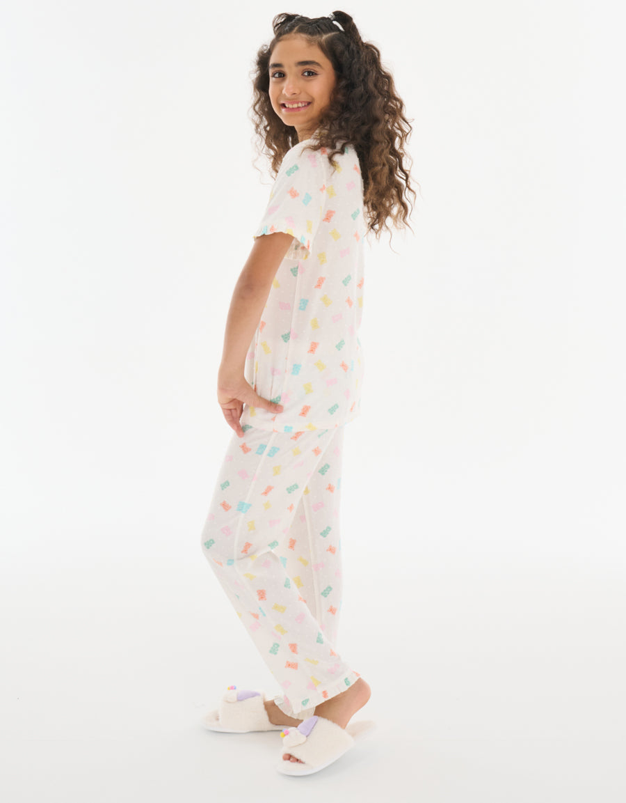 Short-Sleeve Shirt with Pants Pajama Set in White