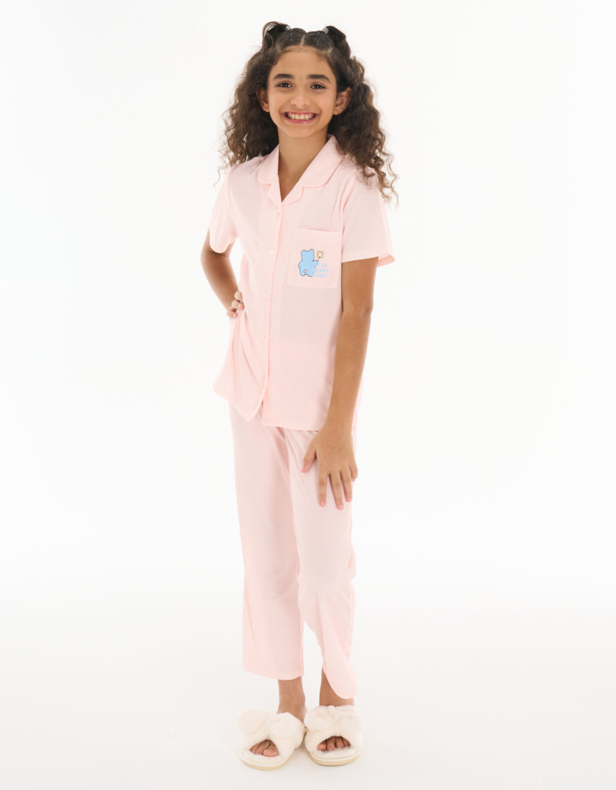 Short-Sleeve Shirt with Pants Pajama Set in Pink
