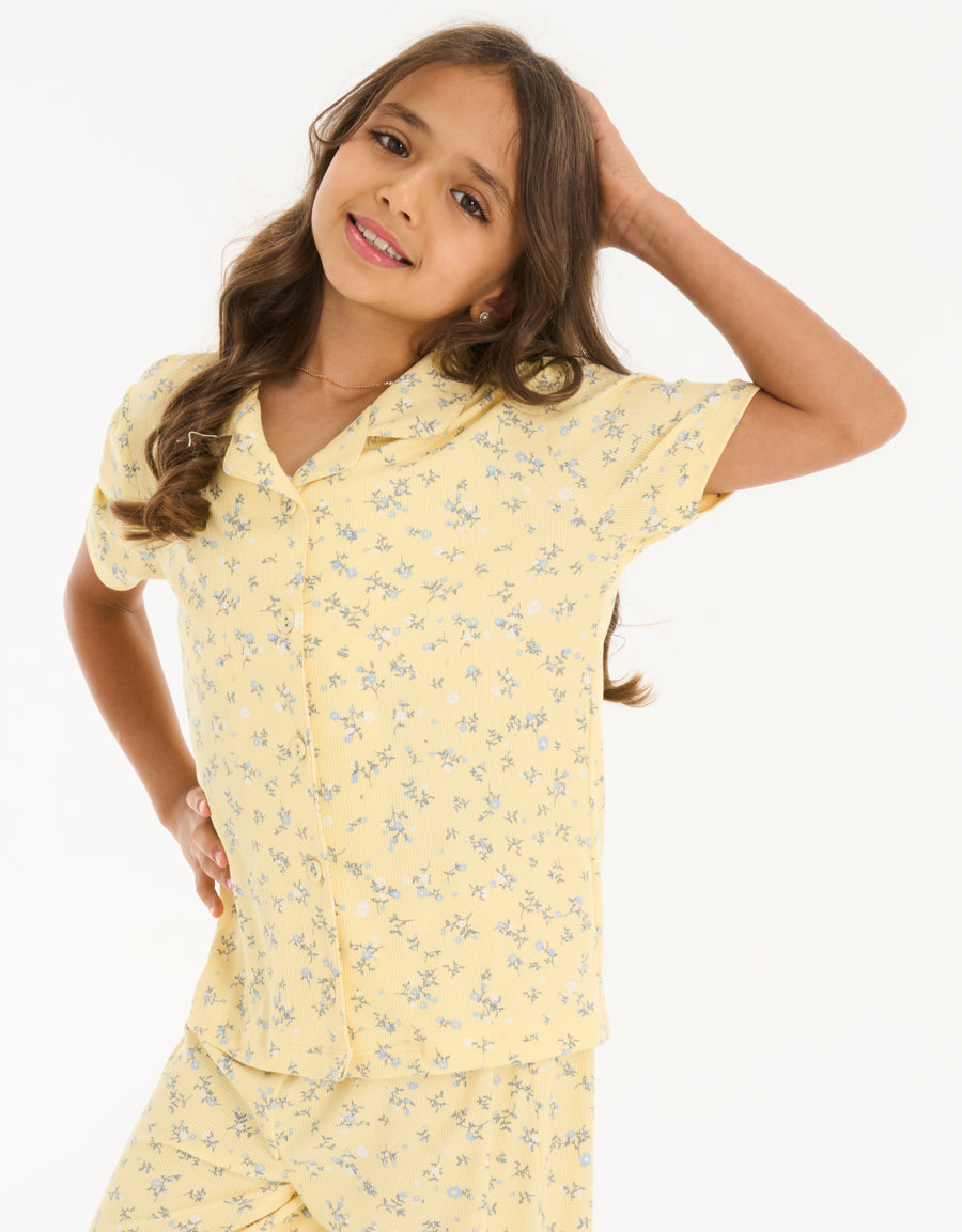 Short-Sleeve Shirt with Pants Pajama Set Daughter in Light Yellow